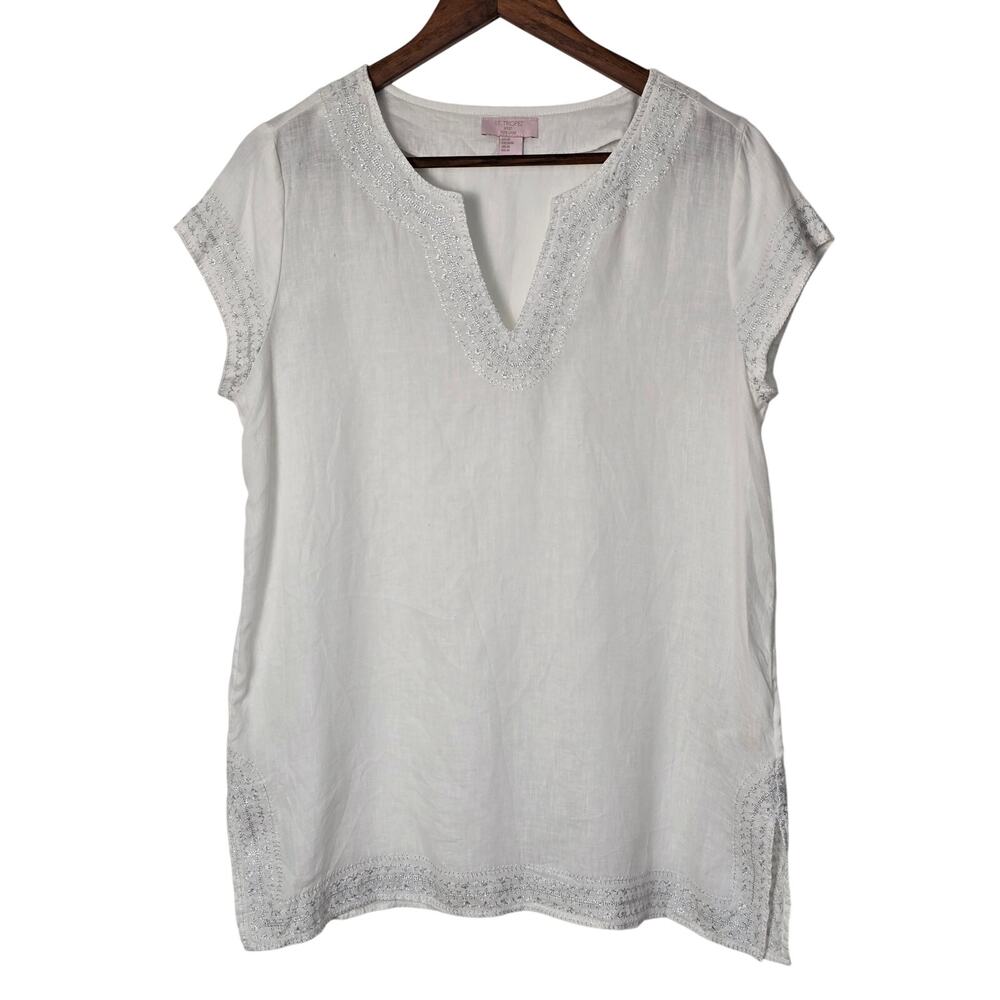 St Tropez West 100% Linen White Silver Embroidered V Neck Tunic Top M